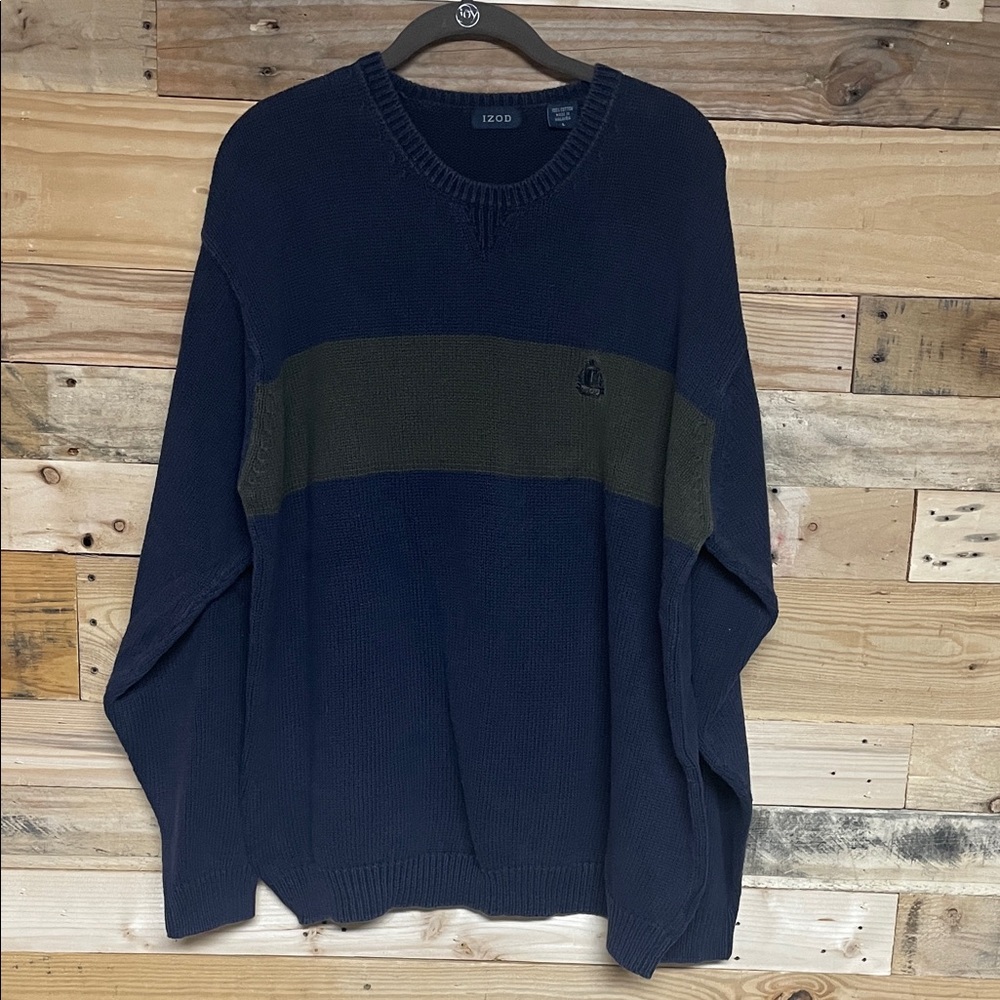 IZOD size Large Men's Crewneck Sweater in Navy with Olive Stripe